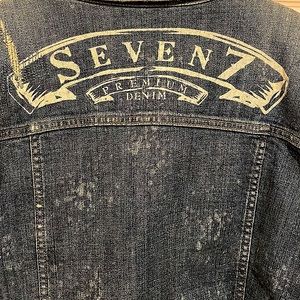 Distressed “Seven7” premium denim jacket.